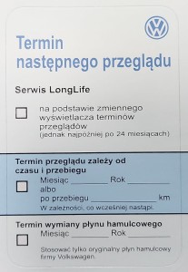 Nalepka serwis LongLife termin następnego przeglądu VW